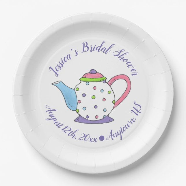 Polka Dot Teapot Afternoon Tea Bridal Baby Shower Paper Plate (Front)