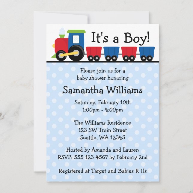 Polka Dot Train Boy Baby Shower Invitation (Front)