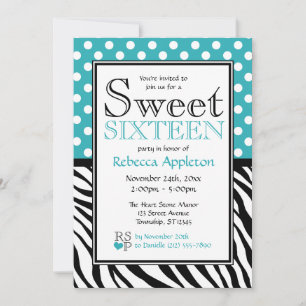 Polka Dot Turquoise & Zebra Print Sweet Sixteen Invitation