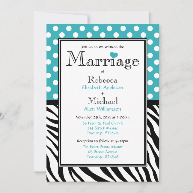 Polka Dot Turquoise Zebra Print Wedding Invitation (Front)