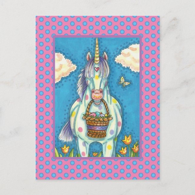 POLKA DOT UNICORN AND EASTER EGG BASKET, FANTASY HOLIDAY POSTCARD (Front)