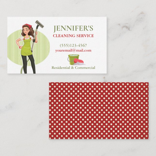 Polka Dot Vacuuming Maid House Cleaning Service  Business Card (Front/Back)