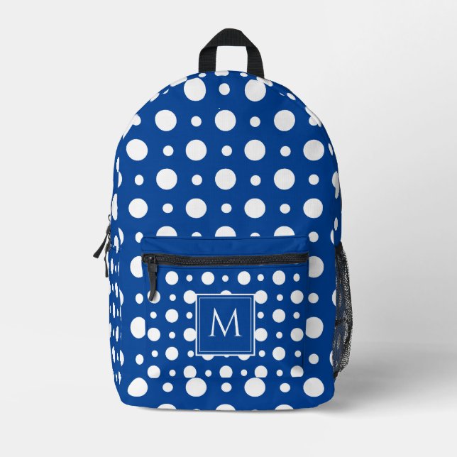 Polka Dot White Blue  Printed Backpack (Front)