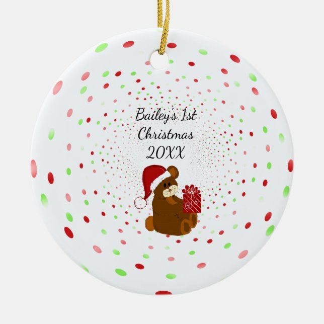 Polka Dots and Bear First Christmas Ceramic Ornament (Front)