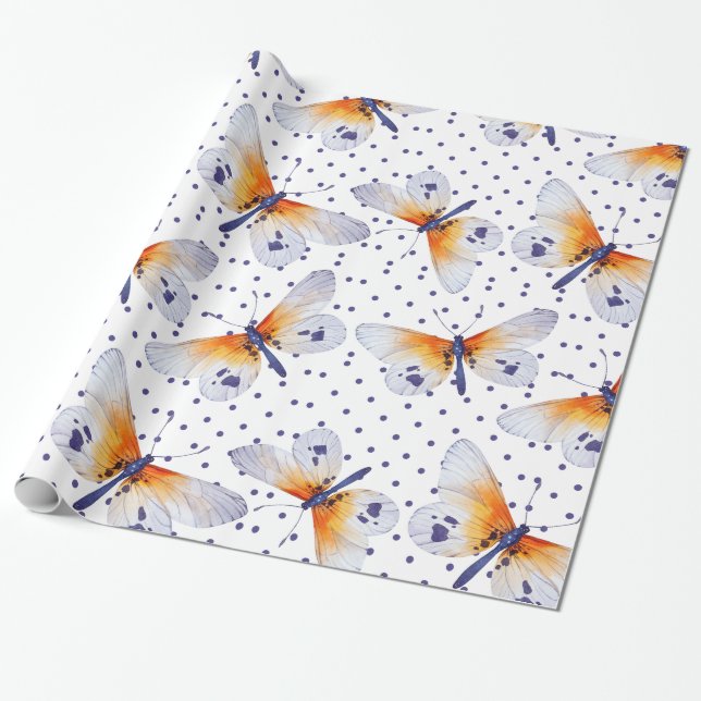 Polka Dots And Butterflies Wrapping Paper (Unrolled)
