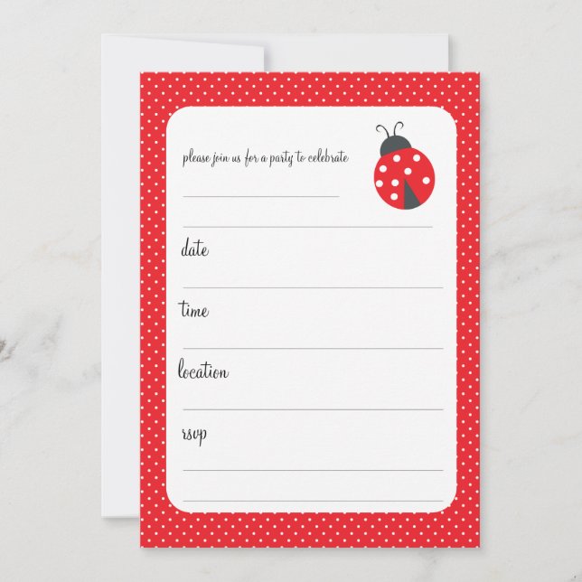 Polka dots and ladybug birthday party invitation (Front)