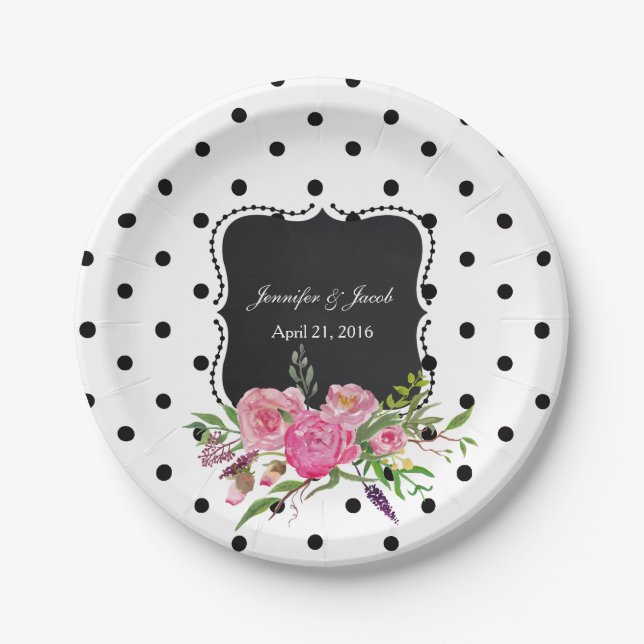Polka Dots and Peonies Wedding Paper Plate (Front)