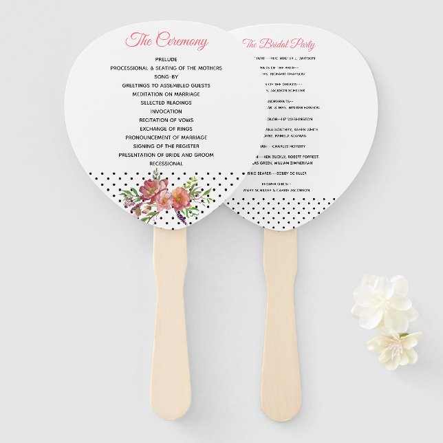 Polka Dots and Peonies Wedding Program Fan (Front and Back)