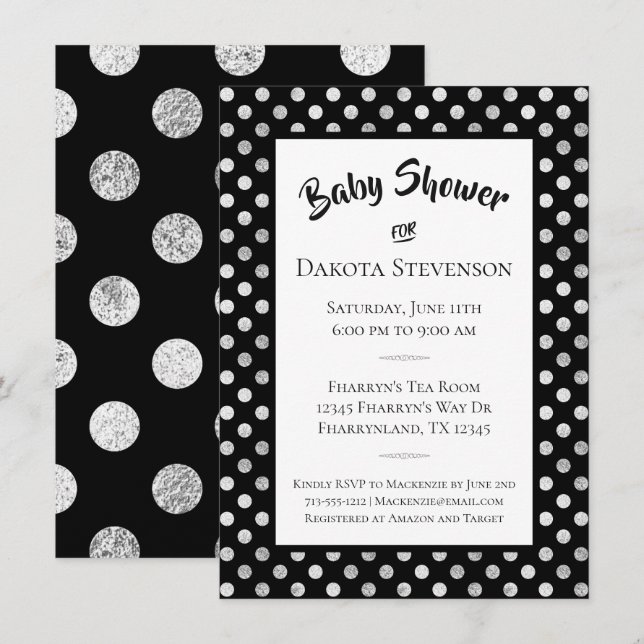 Polka Dots | Black and Silver Minimalist Shower Invitation (Front/Back)