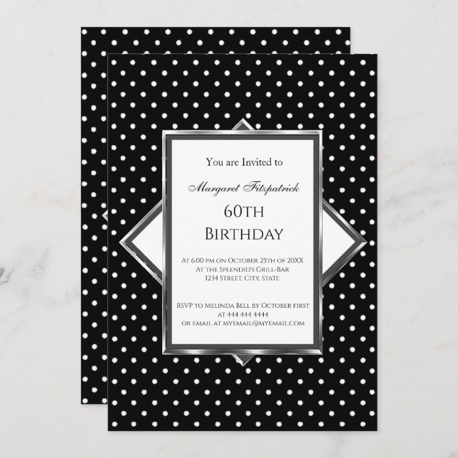 Polka Dots Black White Birthday Party Invitation (Front/Back)