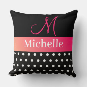 Polka Dots Black White Pink Monogram Script Throw Pillow