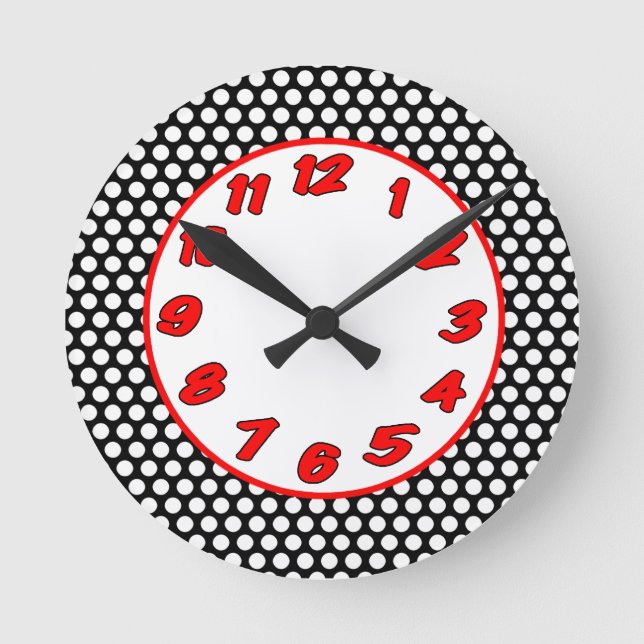 Polka Dots- Black, White & Red Round Clock (Front)