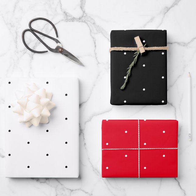 Polka dots black white red tiny chic pattern wrapping paper sheet (Front)