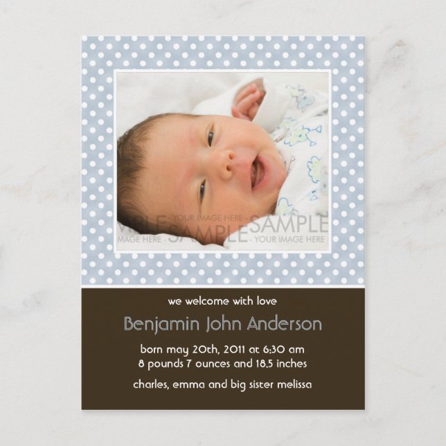 Polka Dots Blue/Brown • Baby Announcement (Front)