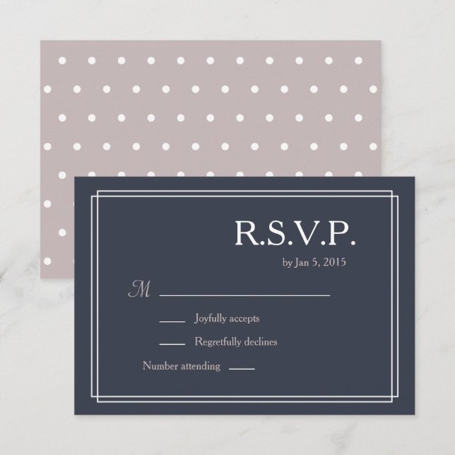 Polka dots dark navy blue blush white wedding RSVP Invitation (Front/Back)
