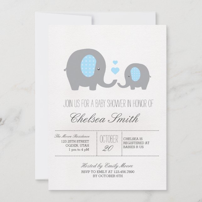 Polka Dots Elephant Baby Shower Grey and Blue Invitation (Front)
