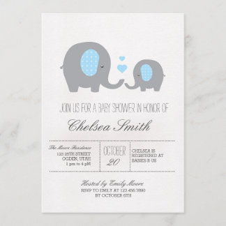 Polka Dots Elephant Baby Shower Grey and Blue Invitation