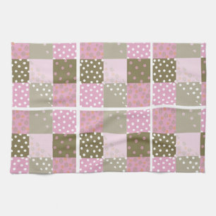 Polka Dots Flowers Brown Pink Quilt Kitchen Towel