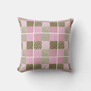 Polka Dots Flowers Brown Pink Quilt Throw Pillow