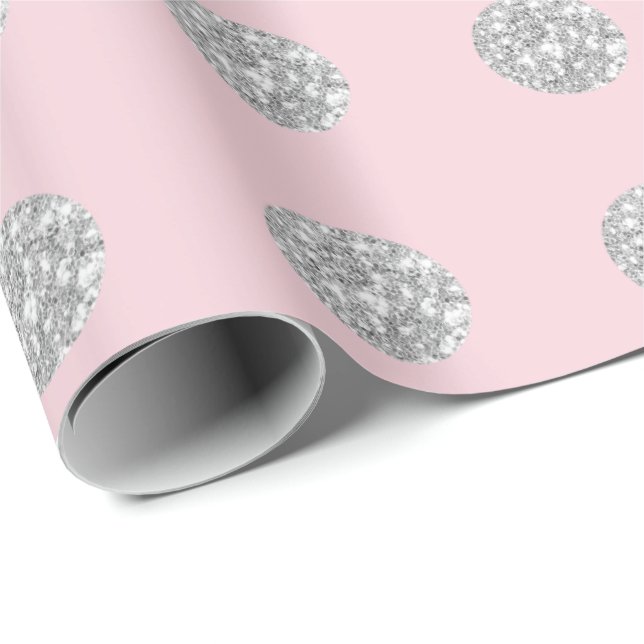 Polka Dots Glitter Pink Rose Silver Bridal Wedding Wrapping Paper (Roll Corner)
