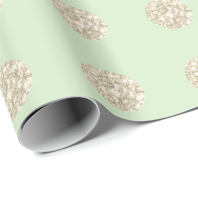 Polka Dots Glitter Sparkly Mint Green Pastel Ivory Wrapping Paper (Roll Corner)