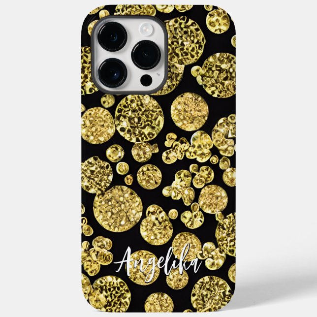 Polka Dots Gold and Black Personalized Name Case-Mate iPhone Case (Back)