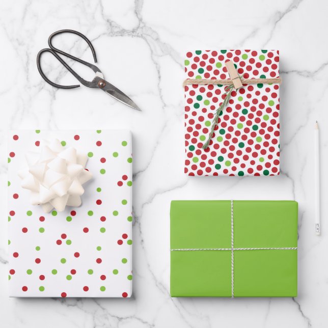  Polka Dots Green & Red Christmas Coordinated Wrapping Paper Sheet (Front)