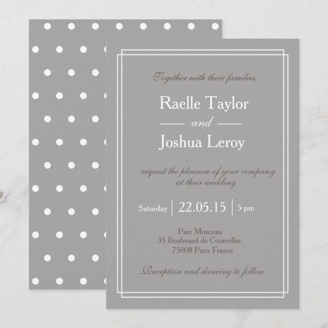 Polka dots grey white taupe minimalist wedding invitation (Front/Back)