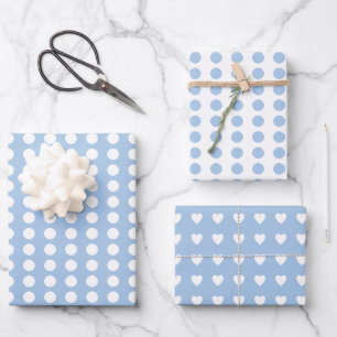 Polka dots hearts white pastel blue wrapping paper sheet