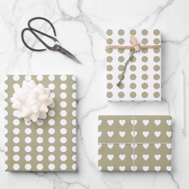 Polka dots hearts white sage wrapping paper sheet (Front)
