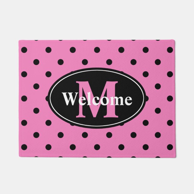 Polka Dots in Pink and Black Personalized Doormat (Front)