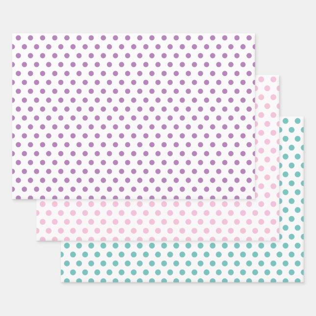 Polka Dots in Pink, Blue, and Lavendar Wrapping Paper Sheet (Set)