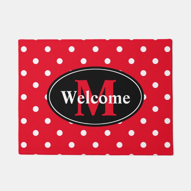 Polka Dots in Red and White Personalized Doormat (Front)