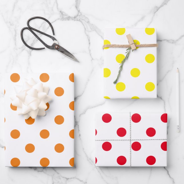 Polka Dots In Red Orange And Yellow Wrapping Paper Sheet (Front)