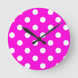 Polka dots magenta #FF00DC Round Clock