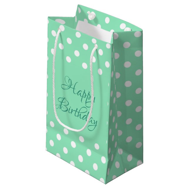 Polka Dots Mint Green Rustic Happy Birthday Trendy Small Gift Bag (Front Angled)