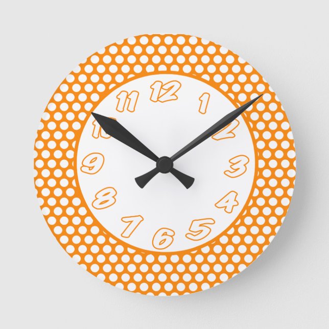 Polka Dots- Orange & White Round Clock (Front)