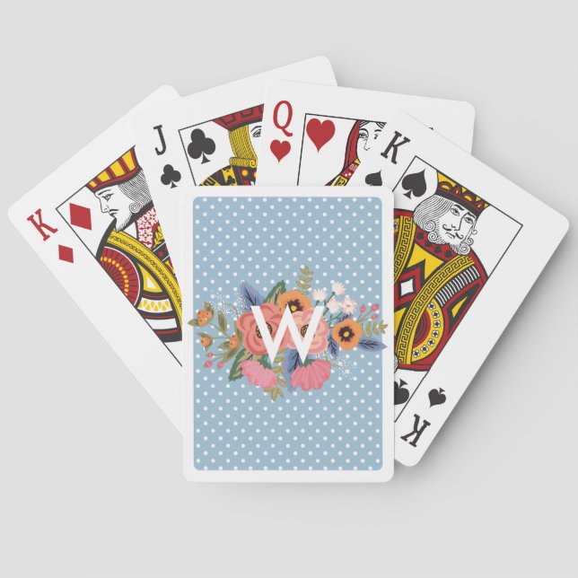 Polka Dots Pastel Flowers Monogram Playing Cards (Back)