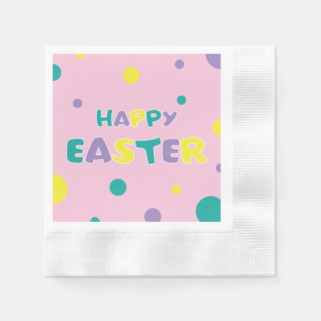 Polka Dots Pastel Pink Happy Easter Paper Napkin (Front)