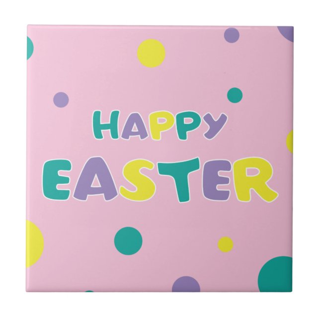 Polka Dots Pastel Pink Happy Easter Tile (Front)