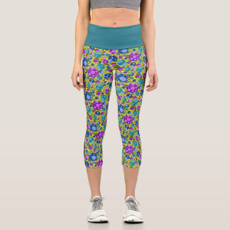 Polka Dots Pattern in Pink Blue Teal -  Capri Leggings