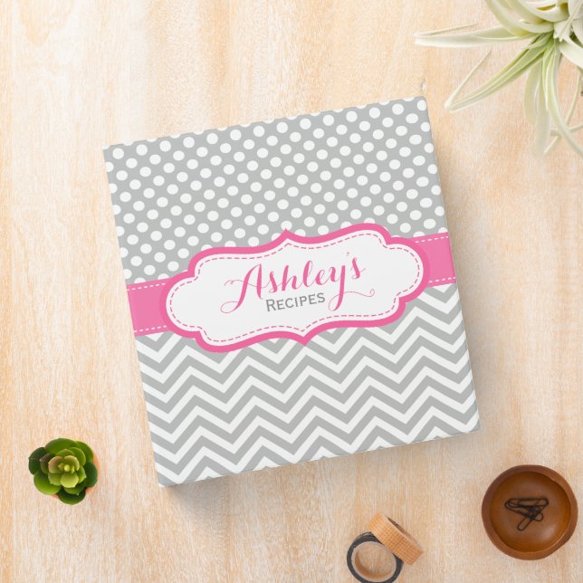Polka Dots Pattern Pink and Grey Recipe Binder (In Situ)