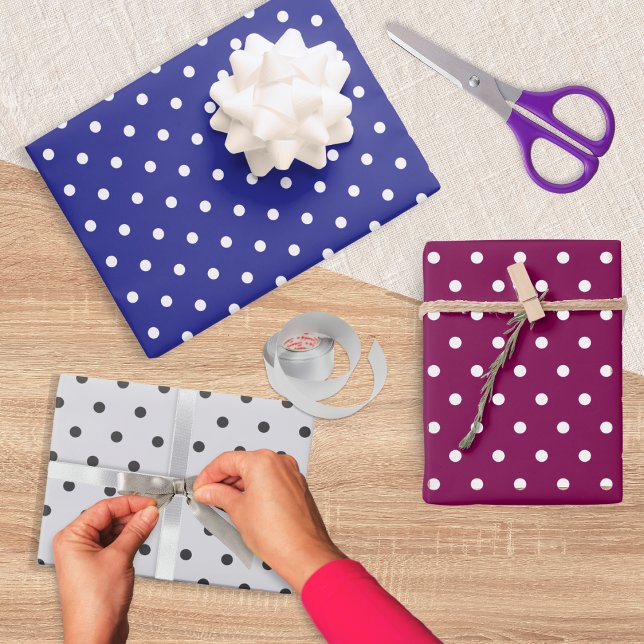 Polka Dots Pattern Set of 3 Blue Burgundy Grey Wrapping Paper Sheet (A set of 3 polka dot patterned gift wrapping paper sheets, purple, burgundy and light silver-gray)