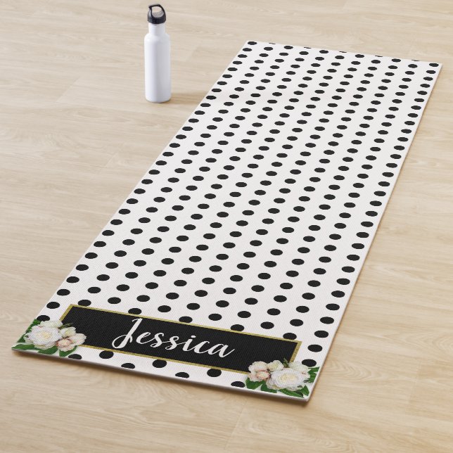 Polka Dots & Peonies - Black/Gold Name Plate Yoga Mat (In Situ)