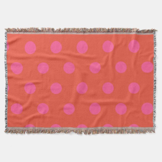 Polka Dots Pink and red Orange monogrammed Throw Blanket (Front)