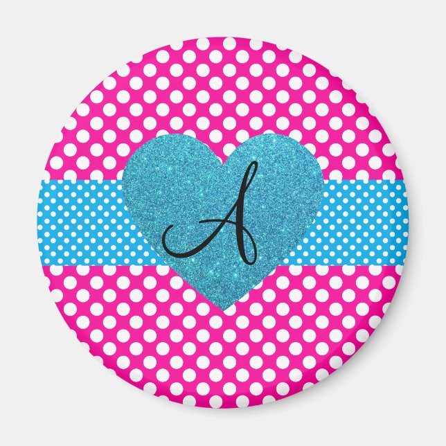 Polka dots pink and white monogram magnet (Front)