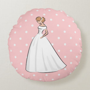 Polka Dots Pink Bridal Shower White Wedding dress Round Pillow