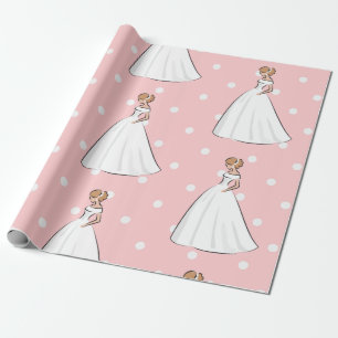 Polka Dots Pink Bridal Shower White Wedding dress Wrapping Paper