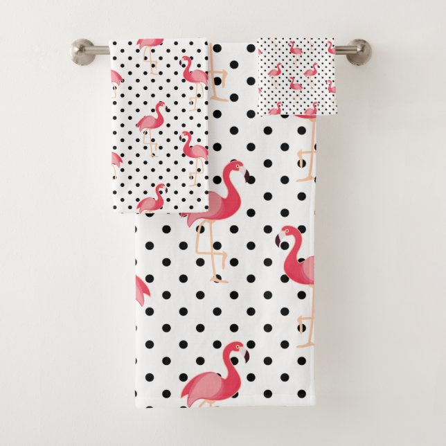 Polka Dots Pink Flamingo Pattern Bath Towel Set (Insitu)