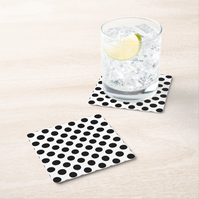 Polka Dots, Polka Dot Pattern, Black and White Square Paper Coaster (Insitu)